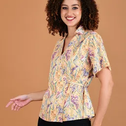 Boholyfe Floral Printed Short Sleeves Shirt Collar Wrap Top-picture-30