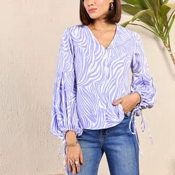 Kibo Geometric Print V-Neck Puff Sleeve Crepe Wrap Top-picture-24