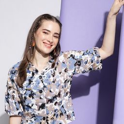 DressBerry Abstract Printed Lapel Collar Puff Sleeves Crepe Shirt Style Top-11