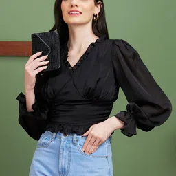 Globus Black Smocking V-Neck Wrap Top-image-5