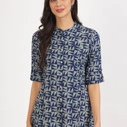 KALINI Geometric Printed Mandarin Collar Roll-Up Sleeves Shirt Style Top-image-27