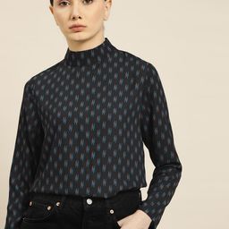 ether Black & Blue High Neck Geometric Print Top-image-69