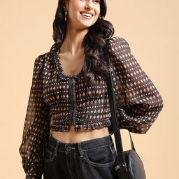 Tokyo Talkies Brown Geometric Printed Bishop Sleeves Ruffle Trim Ruched Crop Top-47