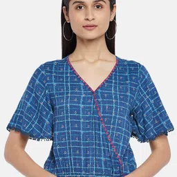 People Navy Blue Geometric Print Blouson Crop Top-picture-2