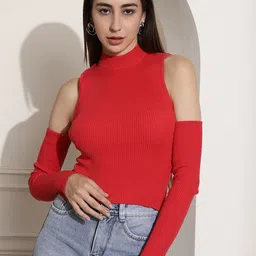 NoBarr High Neck Cold Shoulder Sleeves Cotton Top-picture-52