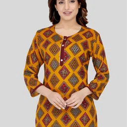 Saree Swarg Mustard Yellow & Maroon Ethnic Motifs Printed Kurti-image-79