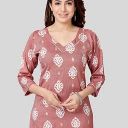 Saree Swarg Pink & Off White Ethnic Motifs Printed V-Neck Kurti-image-83