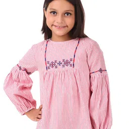 Miyo Girls Red & White Embroidered Striped Regular Top-picture-34