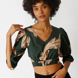 Campus Sutra Green Print Crepe Blouson Crop Top-image-30