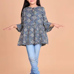 BAESD Girls Ethnic Motifs Printed Tie-Up Neck Bell Sleeves Longline Peplum Top-image-2