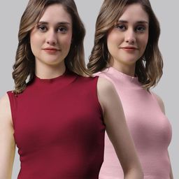 FBAR Pack Of 2 High Neck Ribbed Fitted Pure Cotton Crop Top-image-43