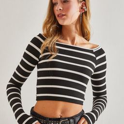 BIANCO LUCCI Striped Off-Shoulder Cotton Crop Fitted Top-53