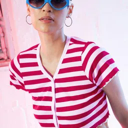 SASSAFRAS Red & White Striped Cotton V-Neck Crop Top-image-32