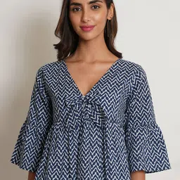 KALINI Geometric Print Bell Sleeve Pure Cotton Peplum Top-15