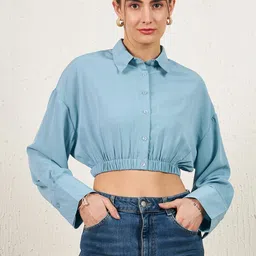 RARE Shirt Collar Gathered Drop Shoulder Sleeves Shirt Style Crop Top-image-92