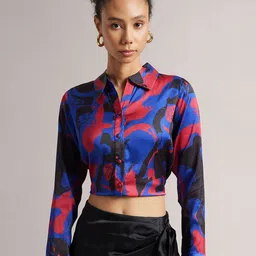 ZACCAI Floral Printed Satin Shirt Style Crop Top-picture-52
