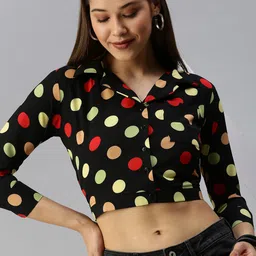 SHOWOFF Black Print Crepe Shirt Style Crop Top-image-10