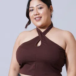 U&F Beyond Keyhole Neck Crepe Blouson Crop Top-picture-36