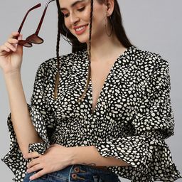 SHOWOFF Black & White Animal Print Crepe Blouson Crop Top-image-43