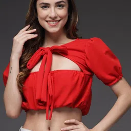 BAESD Tie Up Neck Puff Sleeves Cut Out Detail Blouson Crop Top-image-4