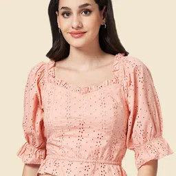YU by Pantaloons Sweetheart Neck Puff Sleeve Smocked Schiffli Cotton Crop Top-image-8