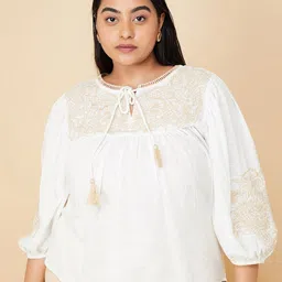 max Self Design Tie-Up Neck Puff Sleeves Cotton Top-picture-15