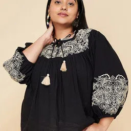 max Self Design Tie-Up Neck Three-Quarter Puff Sleeve Cotton Top-image-45