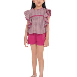 The Tribe Kids Girls Checked Flutter Sleeve Pure Cotton Top-21