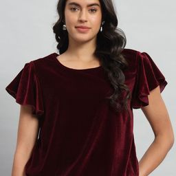 VAARARO Round Neck Flutter Sleeves Gathered Velvet Blouson Top-picture-32