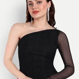 DRAPE AND DAZZLE Self Design Stretchable Shimmer One Shoulder Net Casual Top image 2
