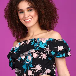 Popwings Floral Print Off-Shoulder Flutter Sleeve Bardot Crop Top image 3