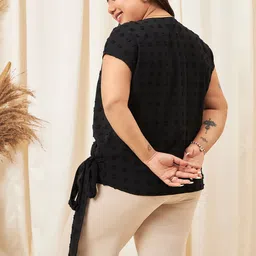 Berrylush Curve Plus Size Black Self Design V-Neck Extended Sleeves Wrap Top image 4