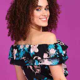 Popwings Floral Print Off-Shoulder Flutter Sleeve Bardot Crop Top image 4