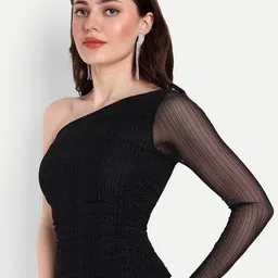 DRAPE AND DAZZLE Self Design Stretchable Shimmer One Shoulder Net Casual Top image 3