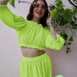 Athena Off-Shoulder Puff Sleeves Regular Textured Crop Top-image-40