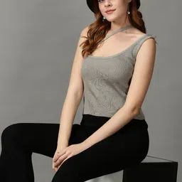 SHOWOFF Grey Shoulder Straps Fitted Acrylic Top-image-106