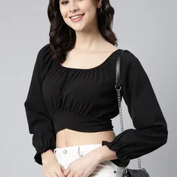 SHOWOFF Square Neck Puff Sleeve Monochrome Crepe Crop Top-image-63