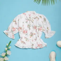 V-Mart Girls Floral Print Shirt Collar Bishop Sleeves Cotton Blouson Top-picture-15
