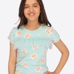 CUTECUMBER Conversational Printed Fringed Detail Top-0
