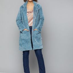 HERE&NOW Women Blue Fleece Longline Open Front Jacket-7