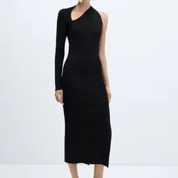 MANGO Asymmetric Neck Sheath Midi Dress with Slit-43