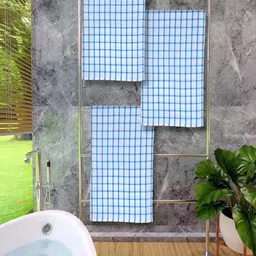 Athom Living Blue & White 3 Pieces Checked Cotton 150 GSM Bath Towels-10