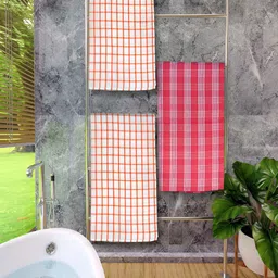 Athom Living Orange & Red 3 Pieces Checked Cotton 150 GSM Bath Towels-8