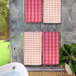 Athom Living Red & Orange 4 Pieces Checked Cotton 150 GSM Bath Towel-5