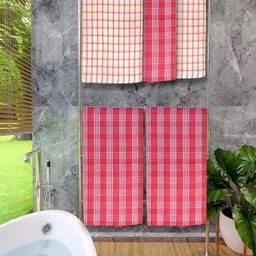 Athom Living Red & Orange 5 Pieces Checked Cotton 150 GSM Bath Towels-40