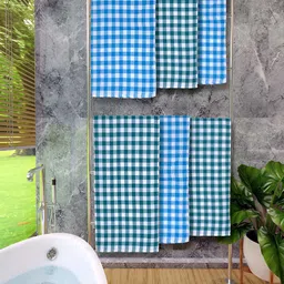 Athom Living Blue & Green 6 Pieces Checked Cotton 150 GSM Bath Towel-38