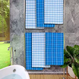 Athom Living Blue & White 6 Pieces Checked Cotton 150 GSM Bath Towels-image-88