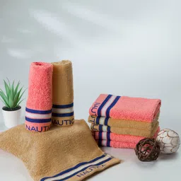 Nautica Beige & Coral-Peach-Colored 8 Pieces 500 GSM Zero Twist Pure Cotton Face Towels-7