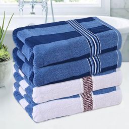 Kuber Industries White & Blue 4 Pieces Striped Cotton 150 GSM Bath Towel-55