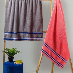 Nautica Set Of 2 Peach & Grey Solid GSM 500 Pure Cotton Bath Towels-30